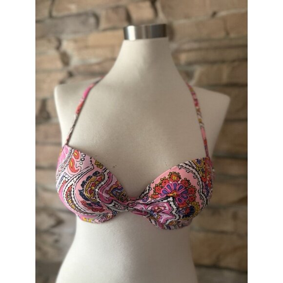 Aerie Brooke Bikini Top 34B Pink Paisley Twist Front Underwire Halter Swim - Picture 1 of 5
